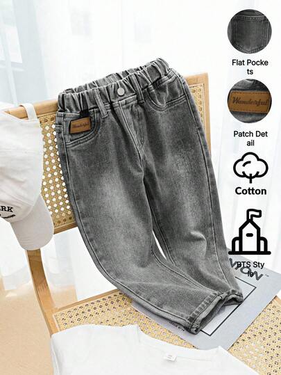 SHEIN Playful Pals Denimly Spring/Summer New Toddler Boys' Light Blue Denim Loose Fit Elastic Waist Pants, Comfortable And Easy To Wear, Pair With Simple T-Shirt Or Shirt For Casual Chic Look, Also Available In Cartoon Patterns For Playful Vibe, Versatile Daily Wear For School, Outdoor, Travel, Family Activities, Parties, Etc.