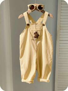 SHEIN 男婴休闲可爱百搭条纹卡通熊图案围兜连体衣 - 黃色 - 查看 6