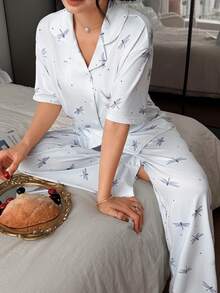 DAZY 2pcs Cute Dragonfly Pattern Loose Short Sleeve Cardigan And Long Straight Leg Pajama Pants Set, Women Summer Sleepwear - Baby Blue - View 4