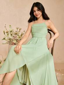 SHEIN 1pc Teen Girl Elegant Chiffon Spaghetti Strap Dress With Gathered Waist And Flared Skirt, Mint Green, Suitable For Daily, Party, Wedding, Bridesmaid - Green - View 3