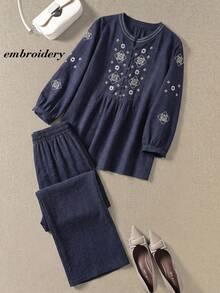 SHEIN LUNE 2pcs Women Casual Embroidered Button-Up Top And Pants Set, Autumn Blouse Co Ords Sets Linen Embroidery Elegant Outfits Pant Modest For - Navy Blue - View 1