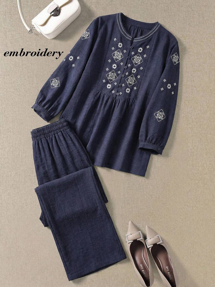 SHEIN LUNE 2pcs Women Casual Embroidered Button-Up Top And Pants Set, Autumn Blouse Co Ords Sets Linen Embroidery Elegant Outfits Pant Modest For - Navy Blue - View 1