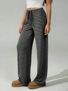 SHEIN Tall Quần dài nữ cạp thấp kẻ sọc nâu mới, thích hợp cho mùa Thu/Đông. - màu đen - Xem 5