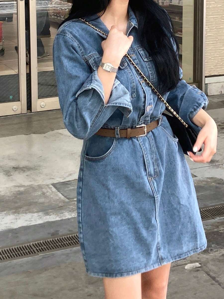 DAZY Đầm denim dài tay kiểu cổ điển, đầm ngắn dáng chữ A thắt eo dành cho nữ. - Rửa nhẹ - Xem 1