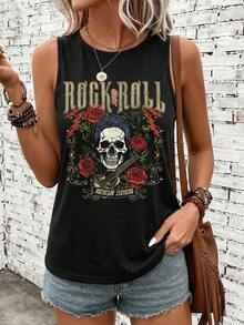 SHEIN LUNE Áo tank top nữ kiểu dáng thường ngày, đa năng, họa tiết lễ hội âm nhạc, hình bộ xương và nhạc cụ, phong cách lễ hội nhạc đồng quê. - màu đen - Xem 7