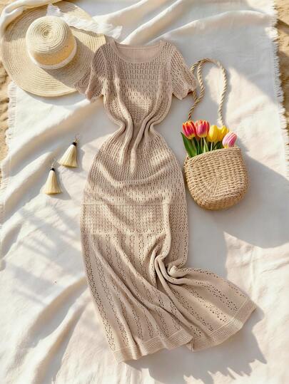 SHEIN Franclia New Spring/Summer European & American Style Sexy Fitted Waist Casual Vacation Holiday Daily Outdoor Lady Romantic Beach Party Evening Gathering Seaside 2026 Women's Fashion Knit Beige Sweater Dress, Hollow Out Lazy Comfortable