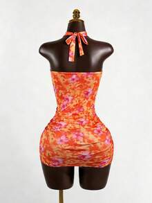 SaltGleam SaltGleam 女士夏季海岛度假性感紧身露背迷你连衣裙，印花镂空设计时尚吊带裙 - 橘色 - 查看 2