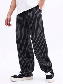 SUMWON Calça Casual Masculina de Ajuste Relaxado com Listras Verticais, Cintura Elástica e Perna Larga para Conforto e Estilo do Dia a Dia - Chumbo - Visão 1
