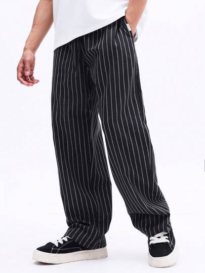 SUMWON 男士宽松版型竖条纹套穿休闲裤，松紧腰带，阔腿设计，日常穿着舒适时尚。