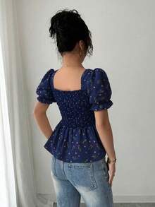 Elenzga Women's Elegant Small Floral Print Slim Fit Blouse - Navy Blue - View 2