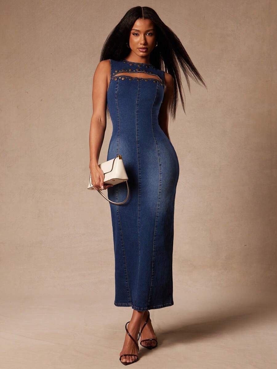 NYA SZN Denim Dress Fitted Bodycon Hardware Detail Cutout Seaming Maxi Length Easter St. Patricks Day Brunch Casual Everyday Going Out Office Siren Western Country Date Night Elegant Luxury Dark Wash Outfits For Women - Dark Wash - View 1