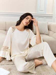 成熟简约浪漫优雅网纱拼接缎面喇叭袖女士睡衣套装 - 香檳色 - 查看 6