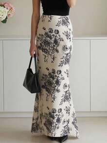 Rafferiza Women's Elegant Commuter Floral Print Fishtail Skirt - Apricot - View 3