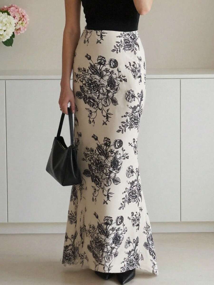 Rafferiza Women's Elegant Commuter Floral Print Fishtail Skirt - Apricot - View 1