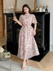 DAZY 女士优雅印花系领荷叶袖中长连衣裙 夏季 - 粉色 - 查看 5