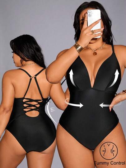 Shapewave بدلة سباحة أنيقة من قطعة واحدة، ذات رقبة عميقة على شكل V وأربطة رفيعة وظهر مكشوف، بلون أحادي، مناسبة للمقاسات الكبيرة
