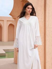 Graceveil Vestido de estilo árabe para mujer con cuello en V, recorte de encaje, parches y mangas largas acampanadas - Albaricoque - Ver 2