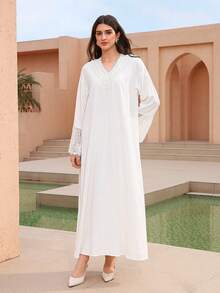 Graceveil Vestido de estilo árabe para mujer con cuello en V, recorte de encaje, parches y mangas largas acampanadas - Albaricoque - Ver 6