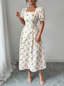 Modelyn Women's Short Petal Sleeve Fashionable Romantic New Yellow Jacquard Fabric Dress - Light Yellow - View 4