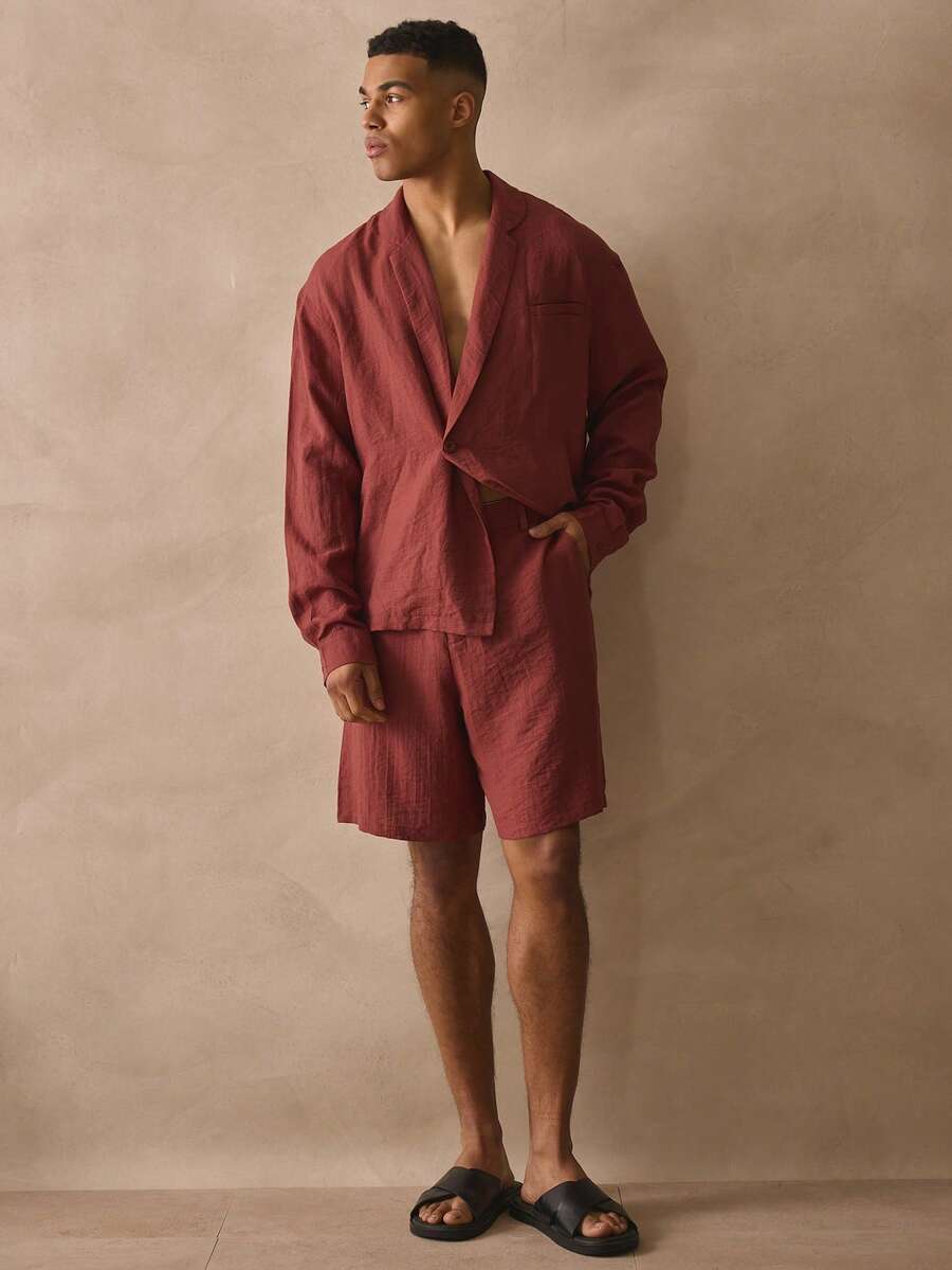 Musero Pantalones cortos de lino con botones delanteros y cintura elástica, estilo bermuda de línea larga, esenciales para vacaciones de primavera y verano - Marrón - Ver 1