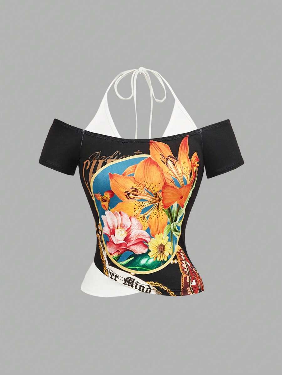 SHEIN MOD 复古印花撞色度假风T恤，夏季假期，海滩度假，外出上衣，女士图案T恤，沙滩装上衣 - 彩色 - 查看 1