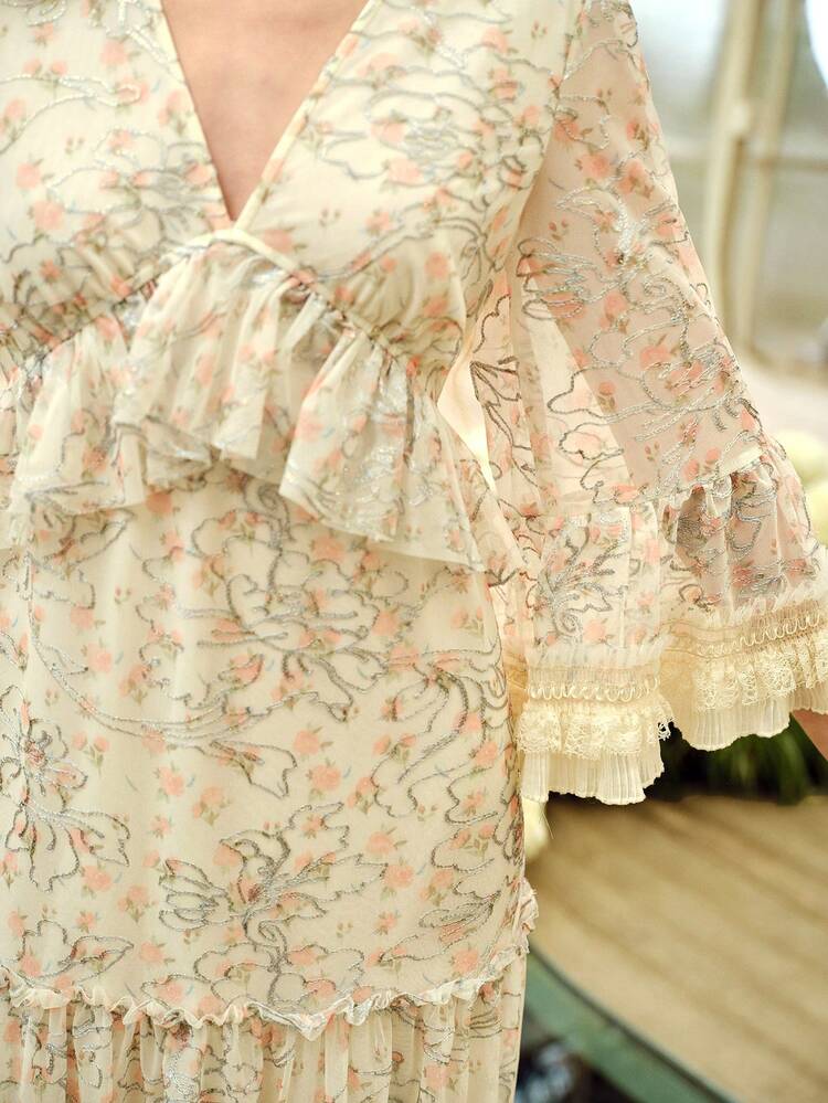 여성 로맨틱 우아한 프린트 롱 드레스, 봄/여름