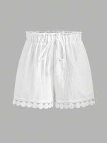 EMERY ROSE Quần short nữ cỡ lớn, kiểu dáng thường ngày, xếp ly, viền bèo nhún, chất liệu cotton. - trắng - Xem 6