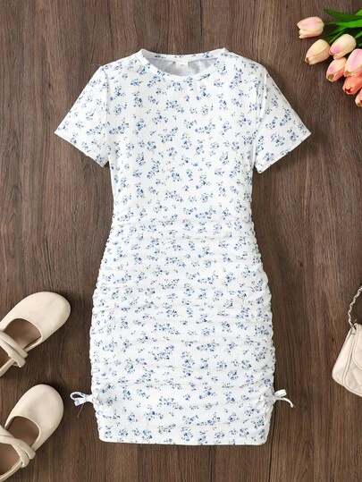 Tween Girls' Casual Vacation Round Neck Ditsy Floral Side Ruched Bow Decor Fitted Short Sleeve T-Shirt Dress, Knit Ribbed Printed Dress
