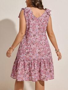 Plus Size Women's Ditsy Floral Bow Tie Ruffle Hem Casual Dress - Pink - View 2