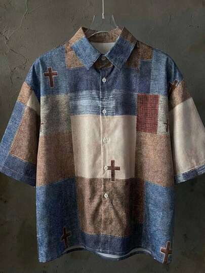 AXEPEAK เสื้อเชิ้ตลำลองแขนสั้นกระดุมแถวเดียวลายปะต่อสำหรับผู้ชาย