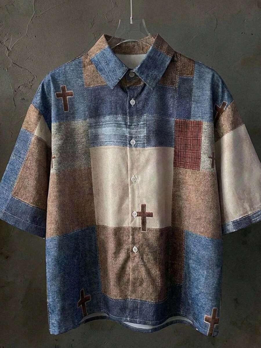 AXEPEAK 男士十字拼接图案短袖单排扣休闲衬衫 - 彩色 - 查看 1