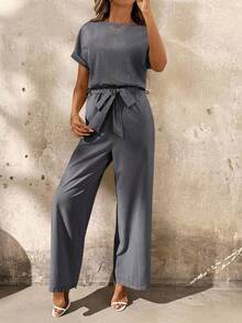 SHEIN Clasi Women's Casual Solid Color Backless Straight Jumpsuit, Summer - Dark Grey - View 6