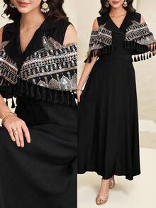 Al Najma Chal con flecos bordados turcos y vestido maxi tradicional árabe para mujer - Negro - Ver 5