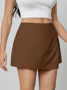 SHEIN Tall 女士纯色简约日常裹身白色半身裙 - 棕色 - 查看 5