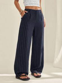 SHEIN PETITE Quần ống rộng xếp ly kẻ sọc dáng suông thoải mái dành cho nữ - Màu xanh hải quân - Xem 4