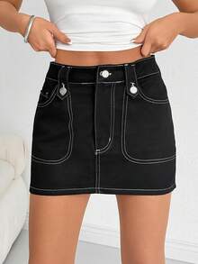 EURMUSE 低腰休闲斜插口袋迷你牛仔裙 - 黑色 - 查看 6