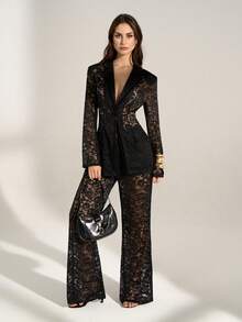 SHEIN Tall Fall Women's Clothing, Commuter Fashion, Fall Women's Clothing, Fall Essentials, Women's Lapel, Long-Sleeved Lace See-Through Slim Fit, Elegant Black Blazer, Women's Lace Jacket, Women's Black Blazer - Black - View 4