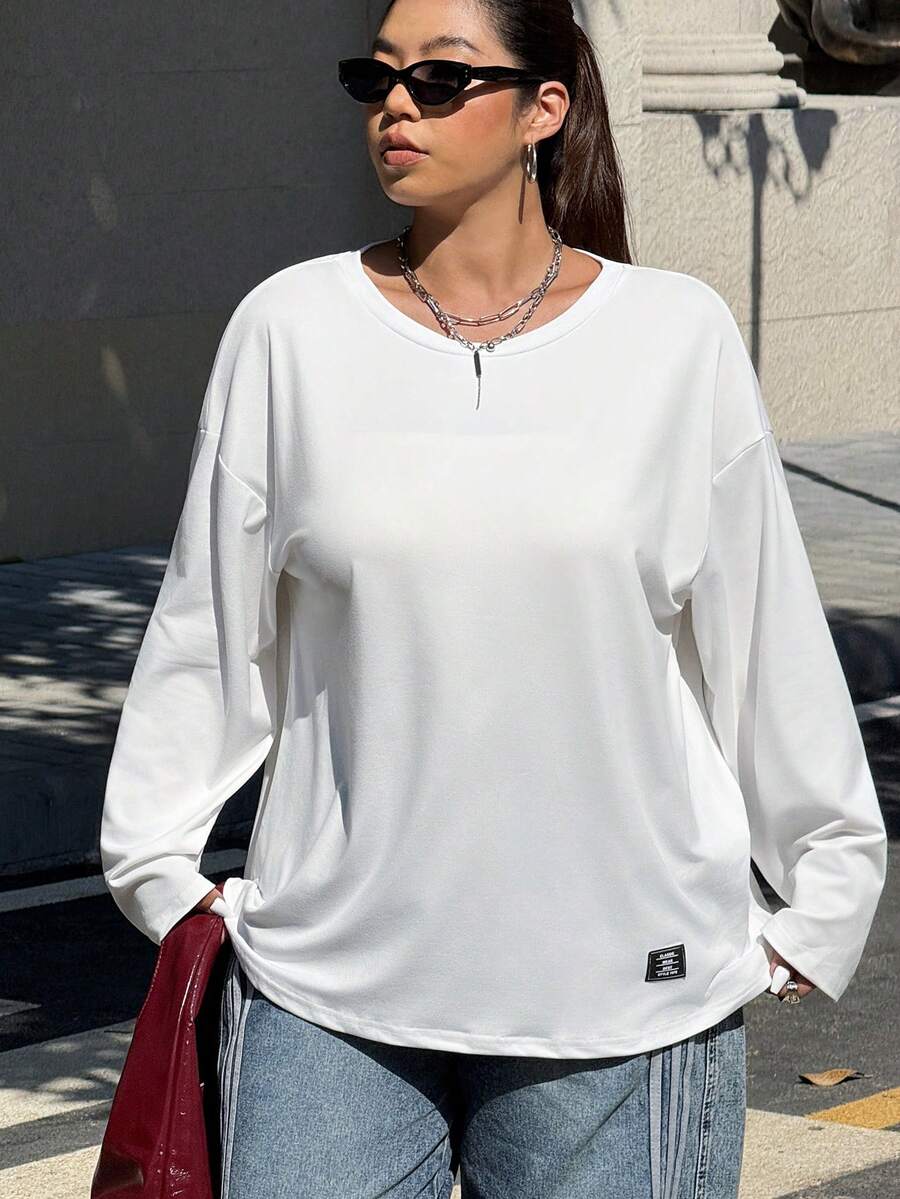 SHEIN EZwear Áo thun cổ tròn tay dài màu trắng cỡ lớn thường ngày rộng rãi - trắng - Xem 1