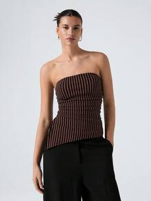 SHEIN EZwear 棕色针织条纹女式不对称下摆露脐吊带背心无肩带上衣细条纹上衣阔腿裤条纹上衣深棕色上衣不对称上衣女式度假套装半正式套装女式裤装上衣阔腿裤女式高腰女式套装女式长裤 - 巧克力棕 - 查看 3