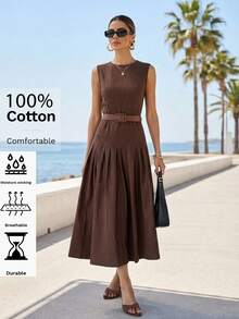 Editum Đầm dài nữ kiểu dáng thanh lịch, màu trơn, chất liệu 100% cotton, mềm mại, thoáng mát như vải lanh, phù hợp cho đi làm hàng ngày, công sở và nhiều dịp khác. - màu nâu - Xem 3