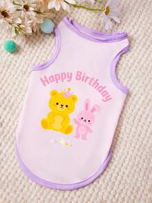 PETSIN 1pc Cute Little Bear Happy Birthday Letter Printed Pet Tank Top Purple Pinkey Pink Skin Friendly Breathable Pet Clothes - Multicolor - View 1
