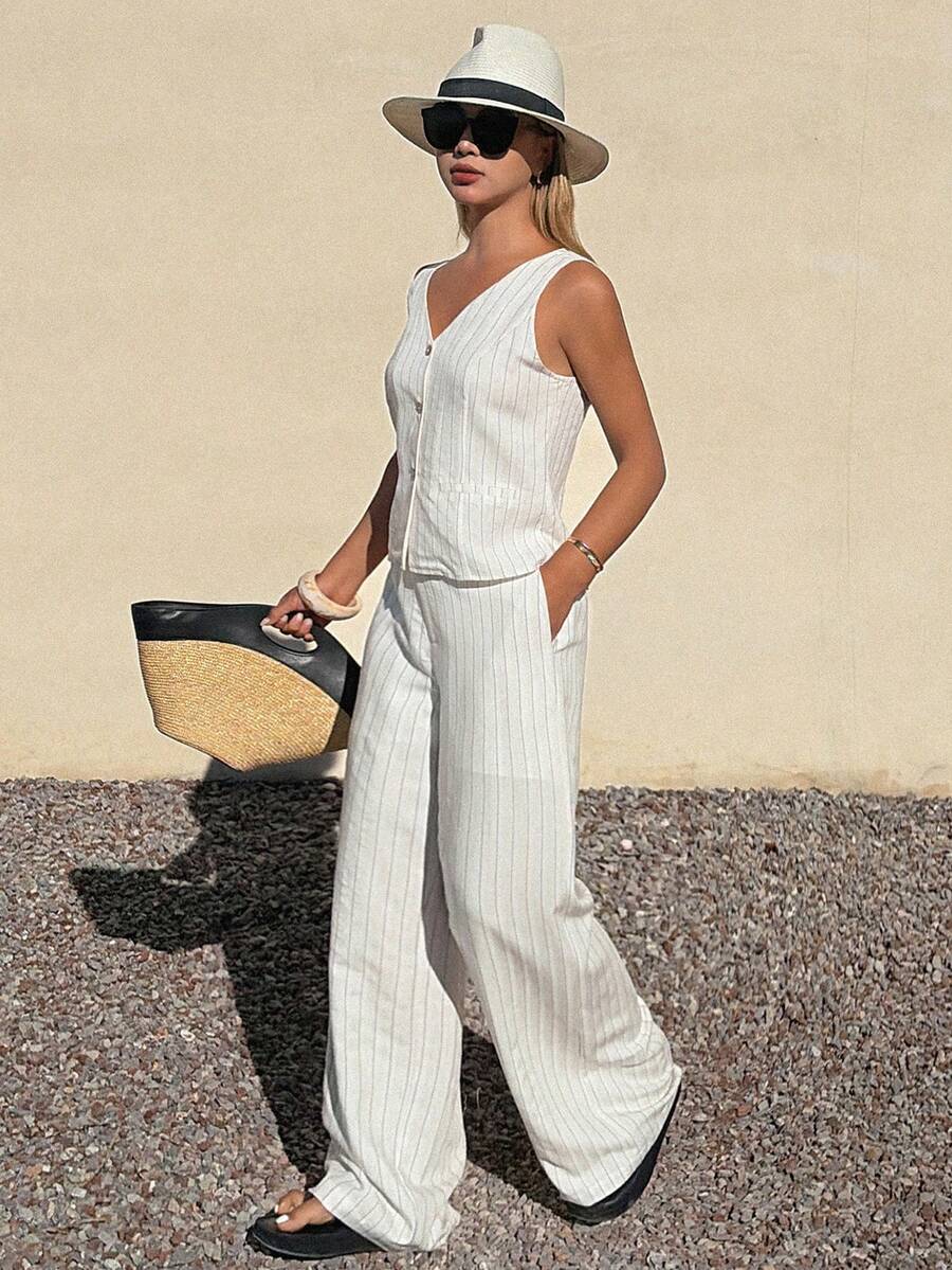 DAZY 两件套女士条纹V领背心外套和阔腿裤休闲度假夏季套装 - 杏色 - 查看 1