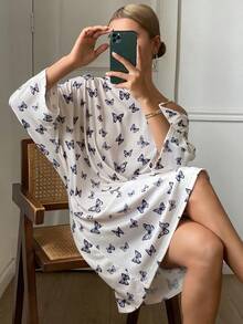 DAZY Butterfly Print Loose Asymmetrical Shoulder Women Nightgown - Beige - View 3