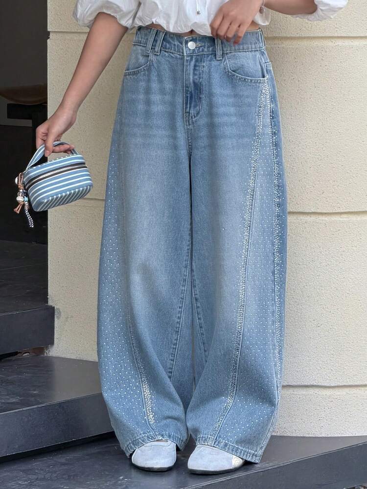 Tween Girls' Rhinestone Embellished Pockets Wide Leg Loose Casual Versatile Jeans