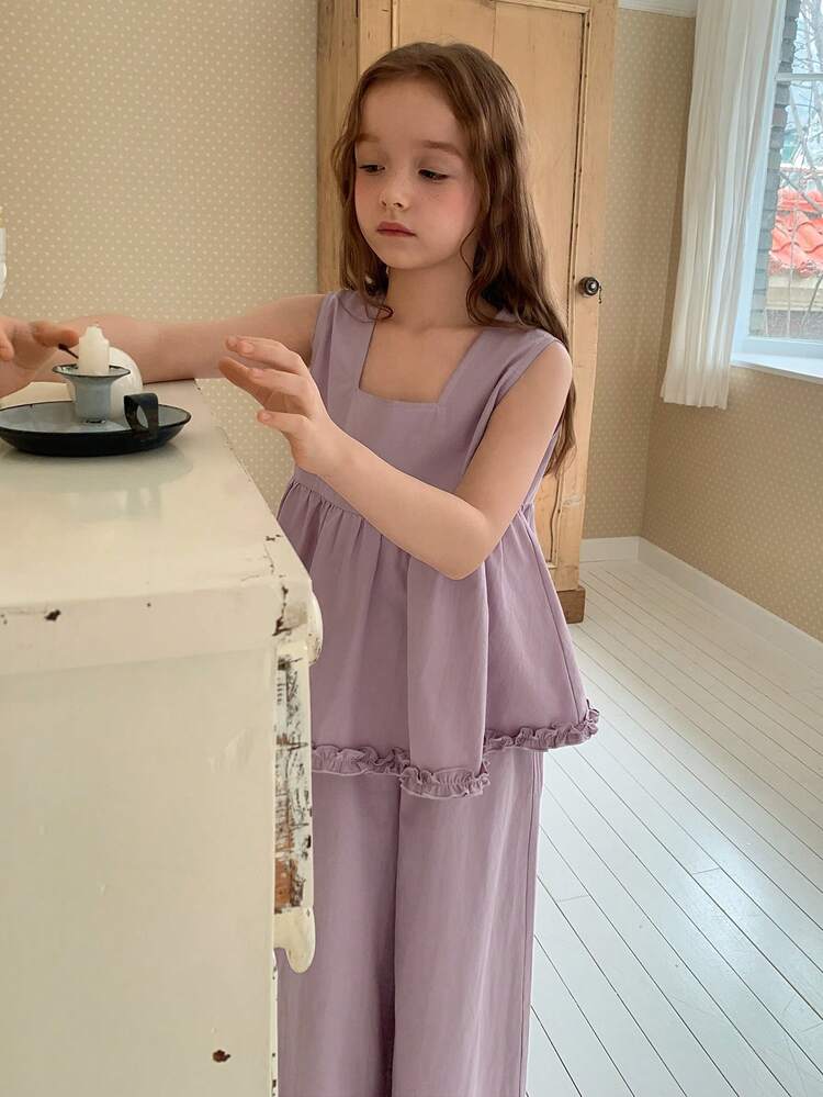 2pcs Tween Girls Woven Solid Color Collared Shirt + Pants Set, Fall Summer