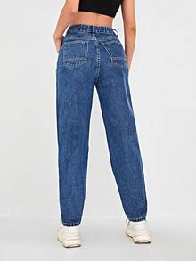 SHEIN ICON Casual Washed High Waist Tapered Denim Jeans - Blue - View 2