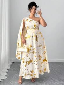 Elenzga Plus Size Women Elegant Asymmetrical Shoulder Cinched Waist Gold Foil Dress - Gold - View 7