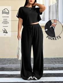 Muchica 大码女式撞色条纹上衣和裤子两件套，春夏款 - 黑色 - 查看 1