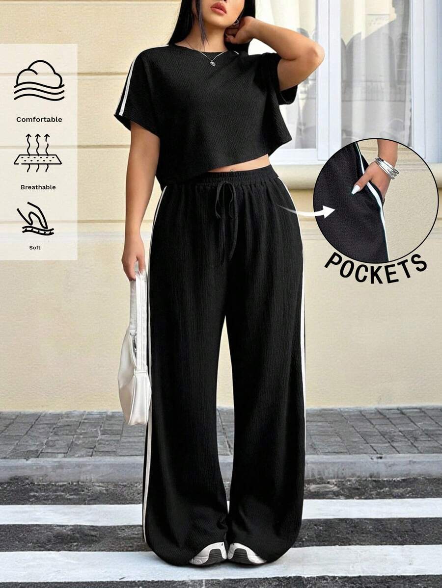 Muchica 大码女式撞色条纹上衣和裤子两件套，春夏款 - 黑色 - 查看 1