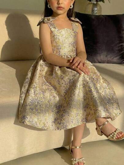 SHEIN Tween flickors sommarklänning med jacquarddekor och rosett